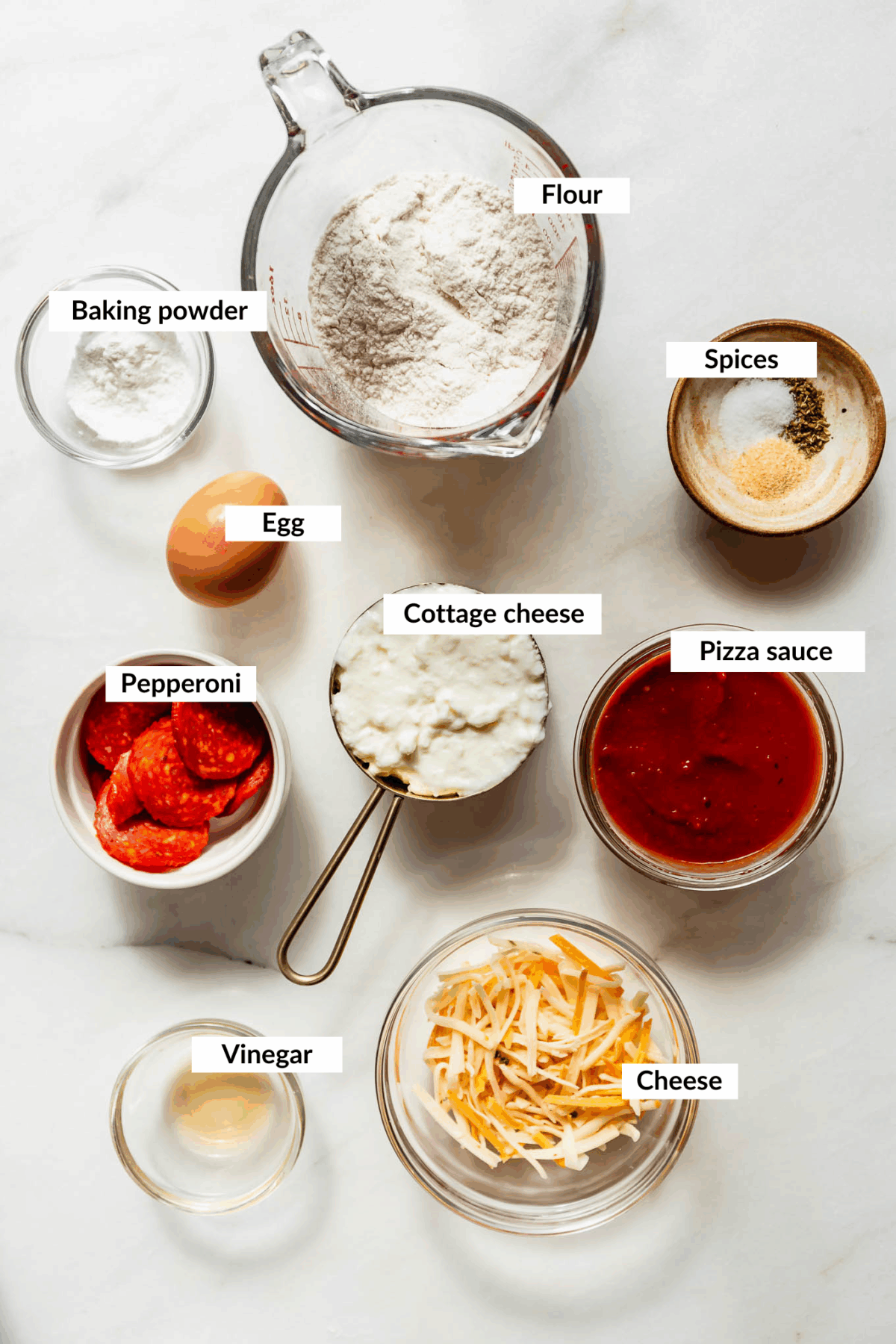 ingredients for cottage cheese pizza buns.
