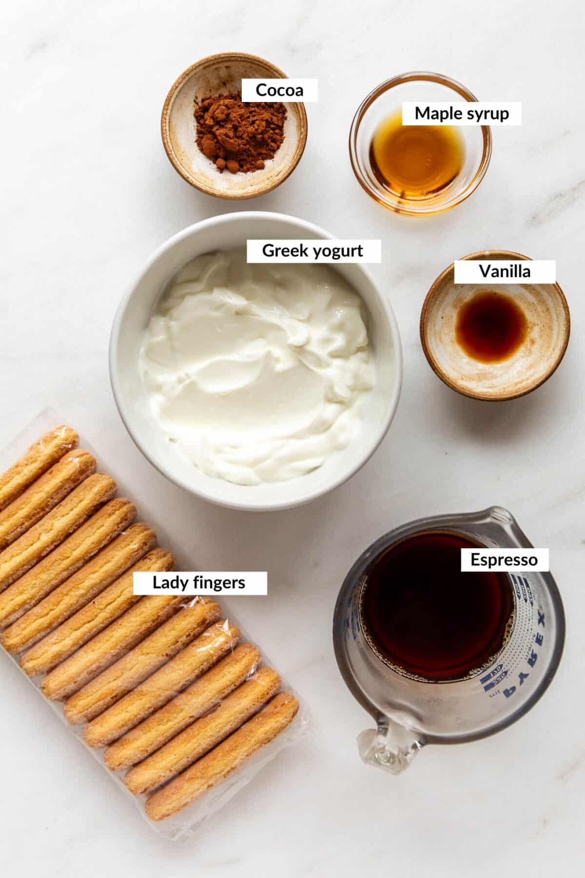 Ingredients for Greek yogurt tiramisu.