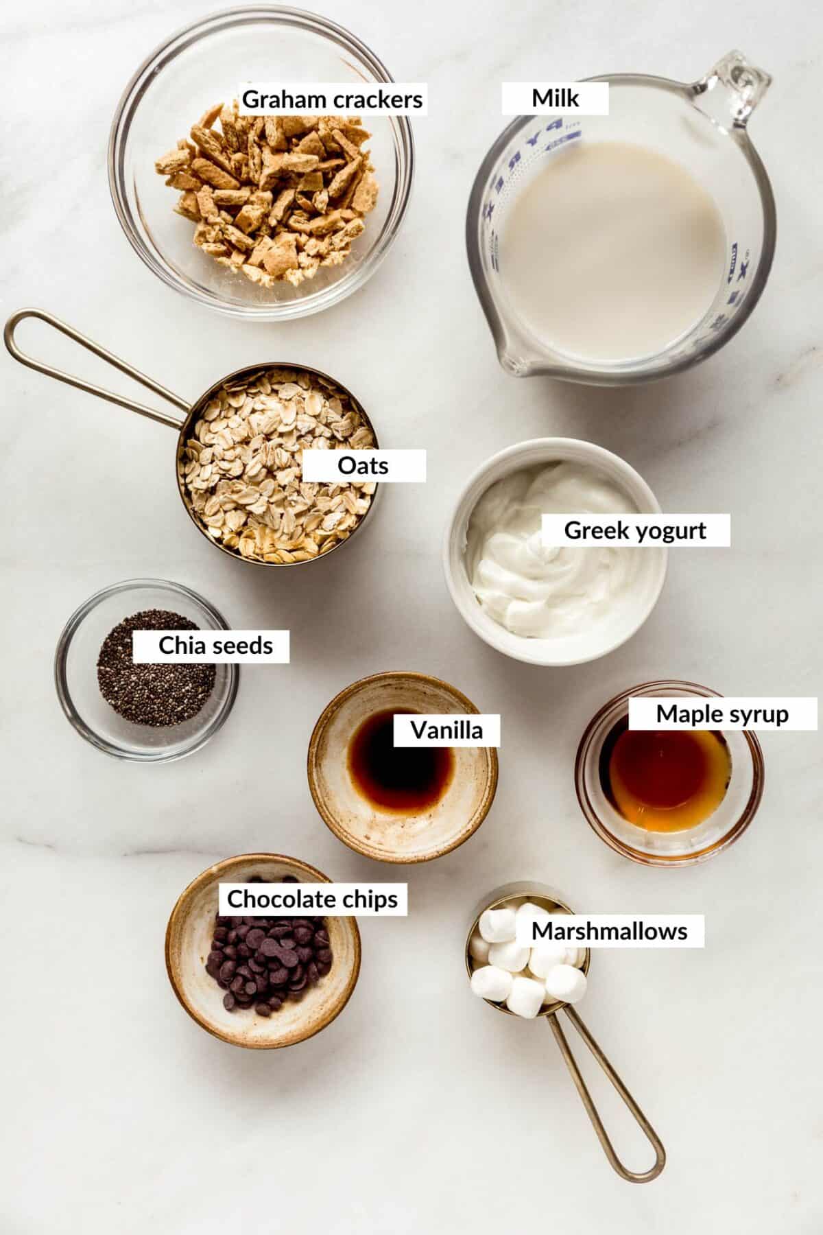 Ingredients to make smores overnight oats.