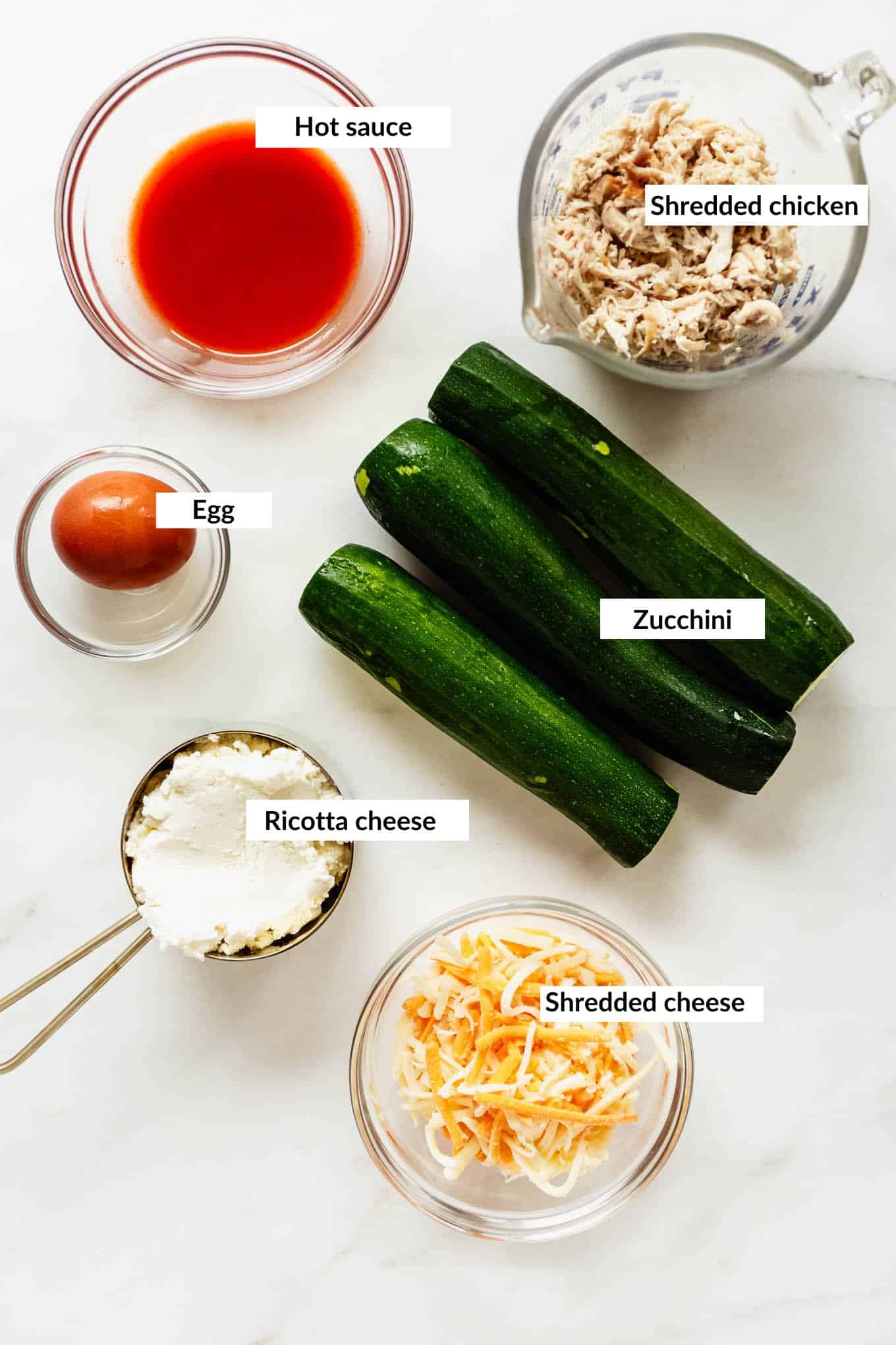 Ingredients for buffalo chicken zucchini roll ups