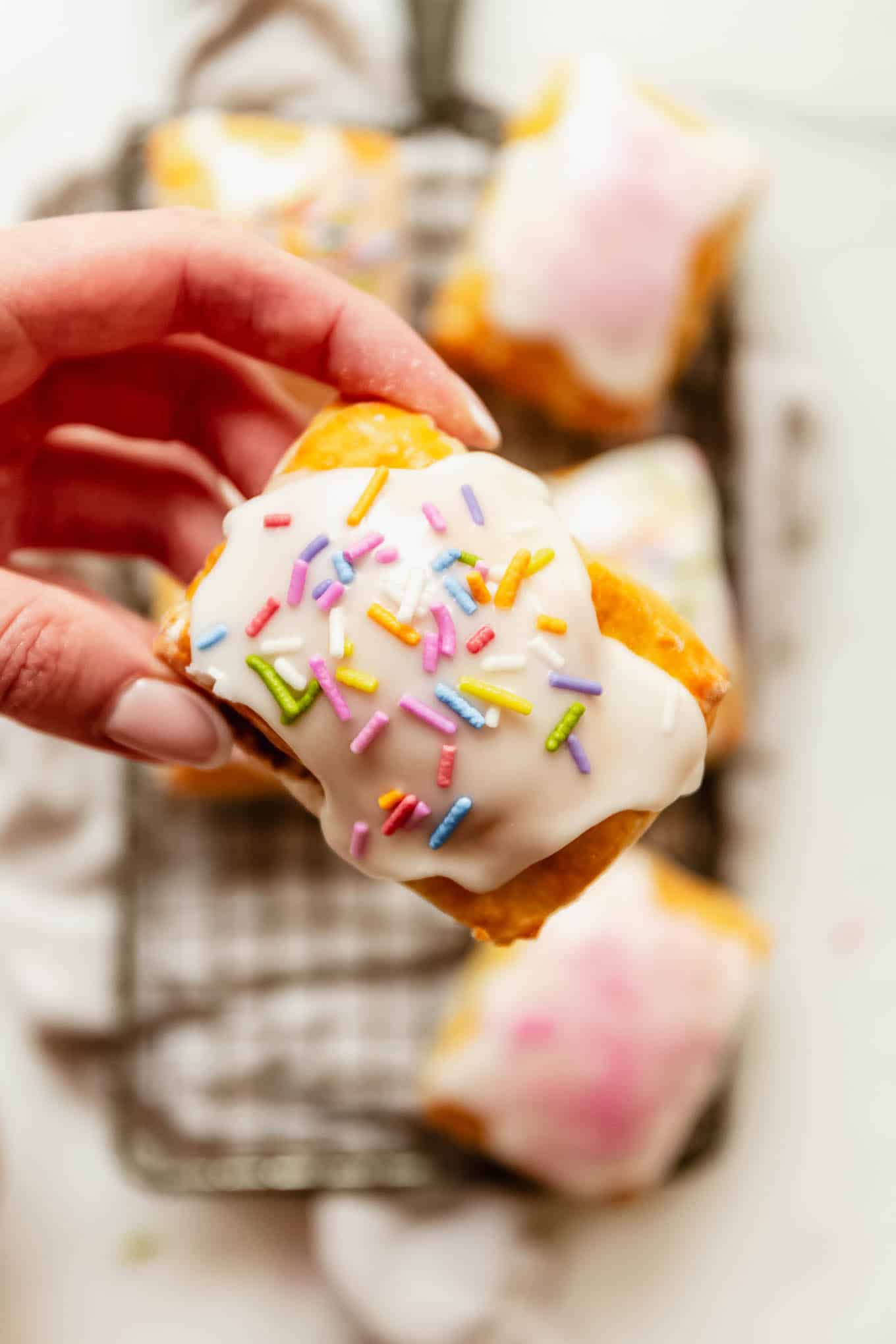 a hand holding a Cottage cheese dough pop tart topped with icing and rainbow sprinkles.
