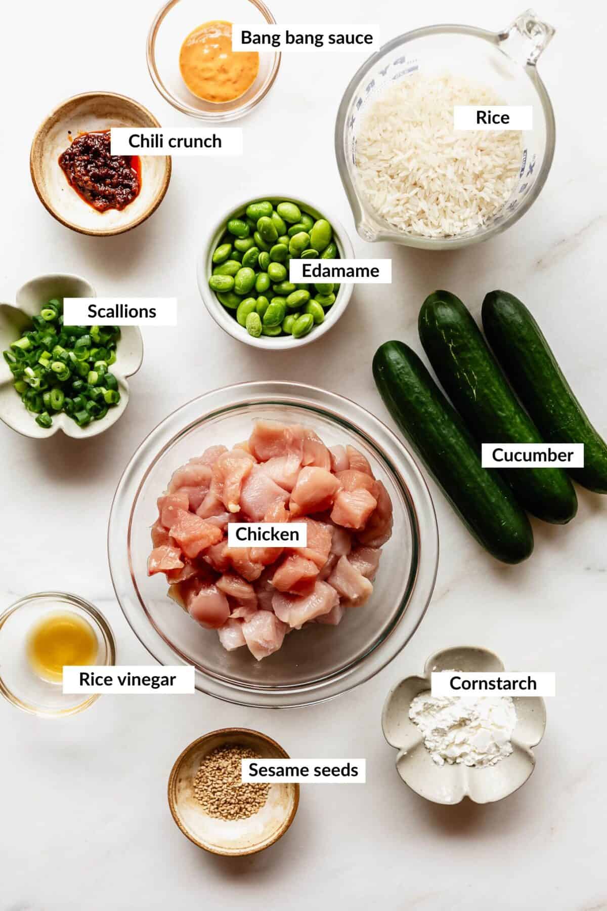 Ingredients for bang bang chicken bowls.