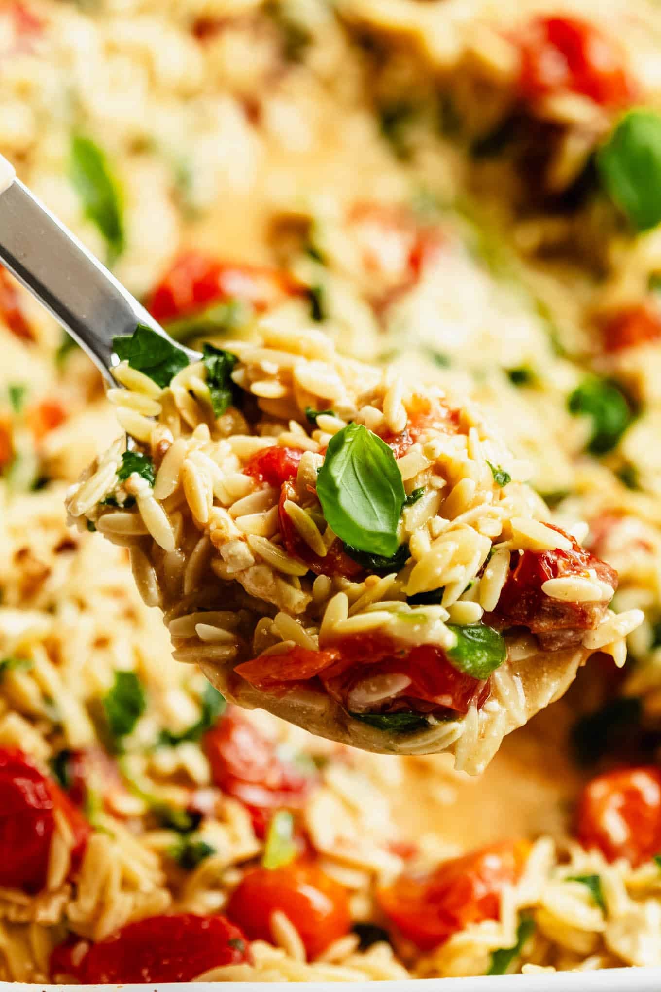 Fork lifting a bite of baked feta tomato orzo topped with fresh basil.