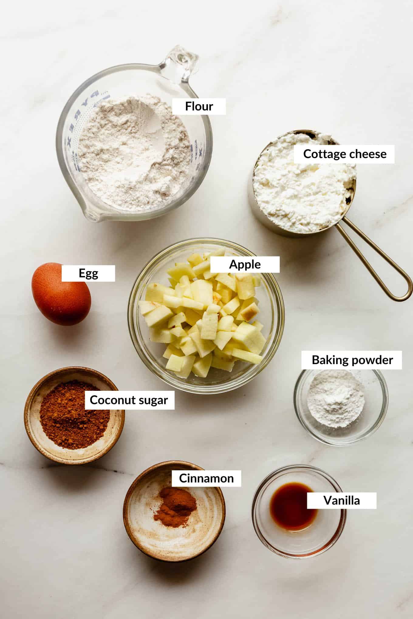 Ingredients for cottage cheese apple fritters.