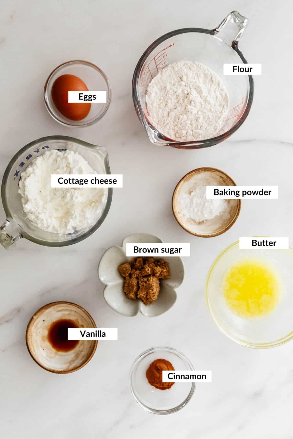 Top down photo of ingredients for cottage cheese cinnamon crunch biscuits.