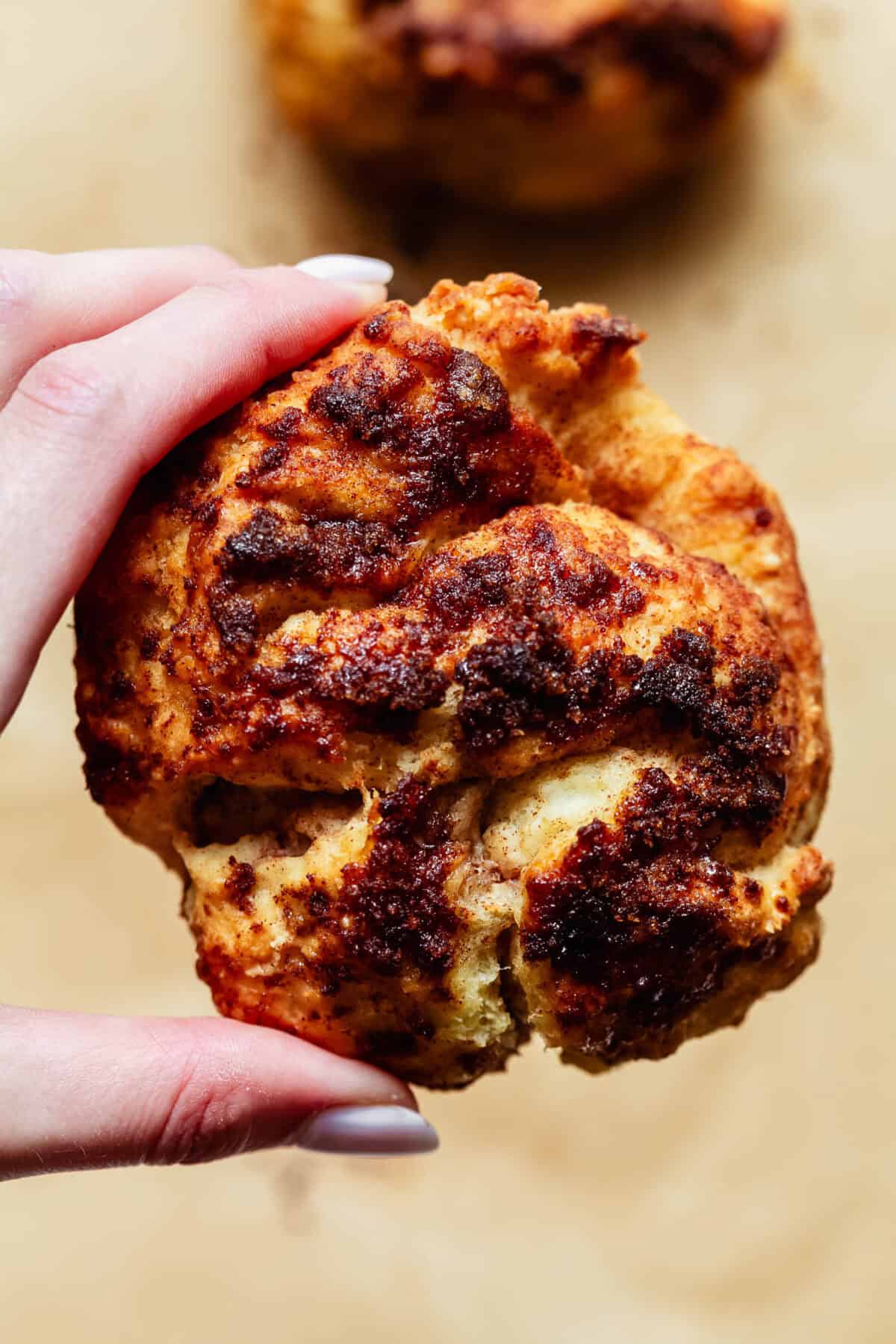 Close-up of a hand holding a cottage cheese cinnamon crunch biscuit showing the crackly cinnamon sugar topping