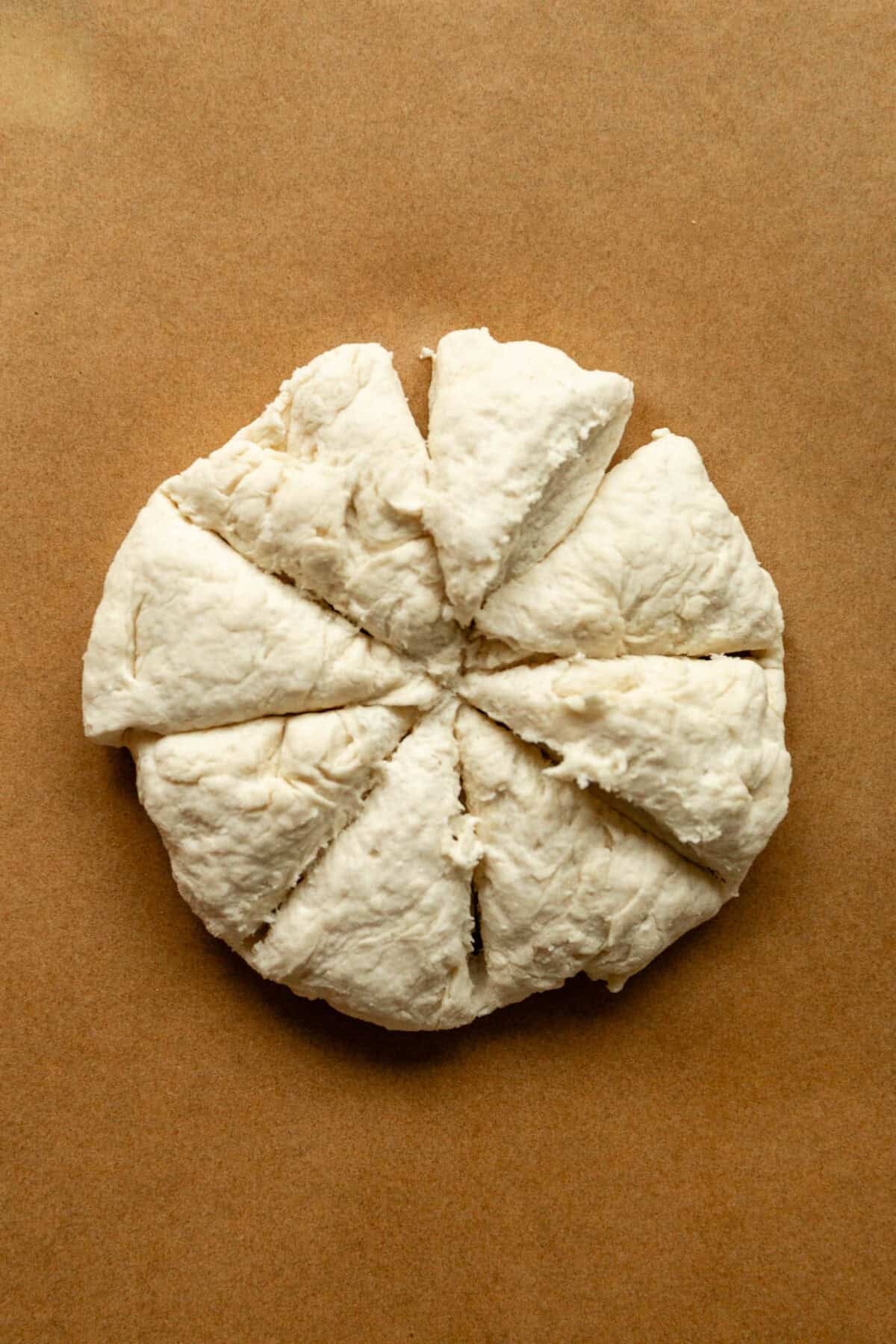 A round disc of dough scored into eight wedges on a piece of parchment paper.