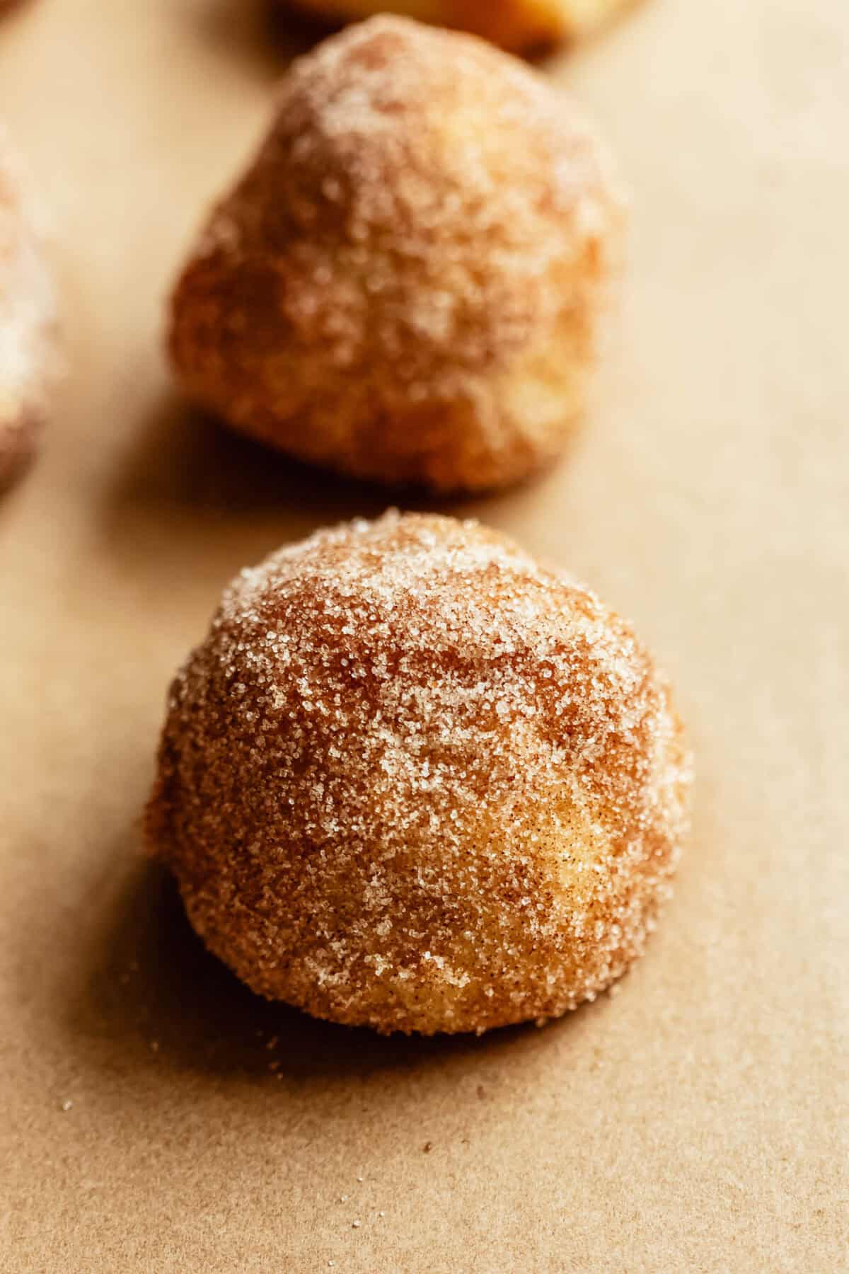 A close-up of two cinnamon sugar coated donut holes sitting on parchment paper.