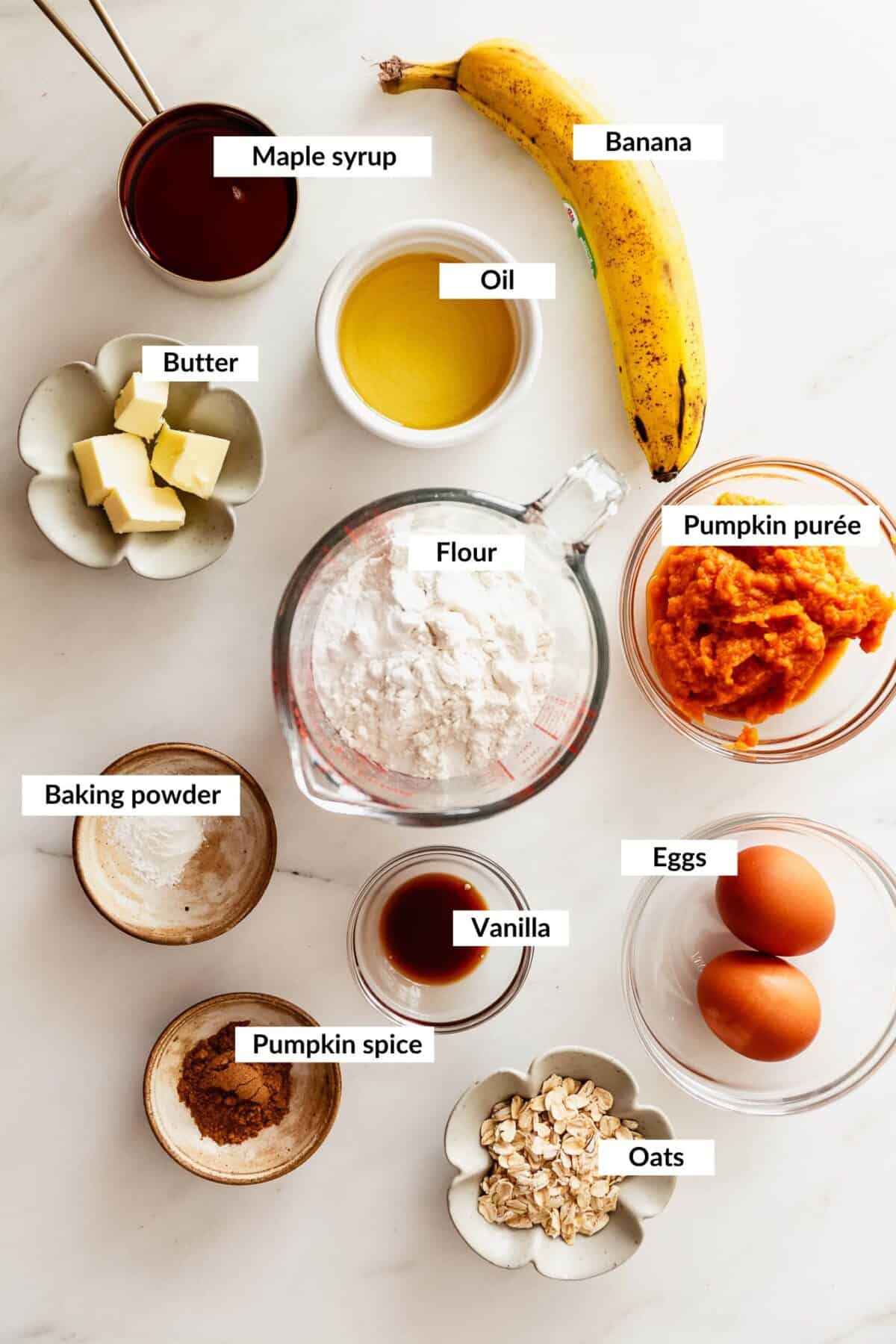 Ingredients for pumpkin banana muffins.