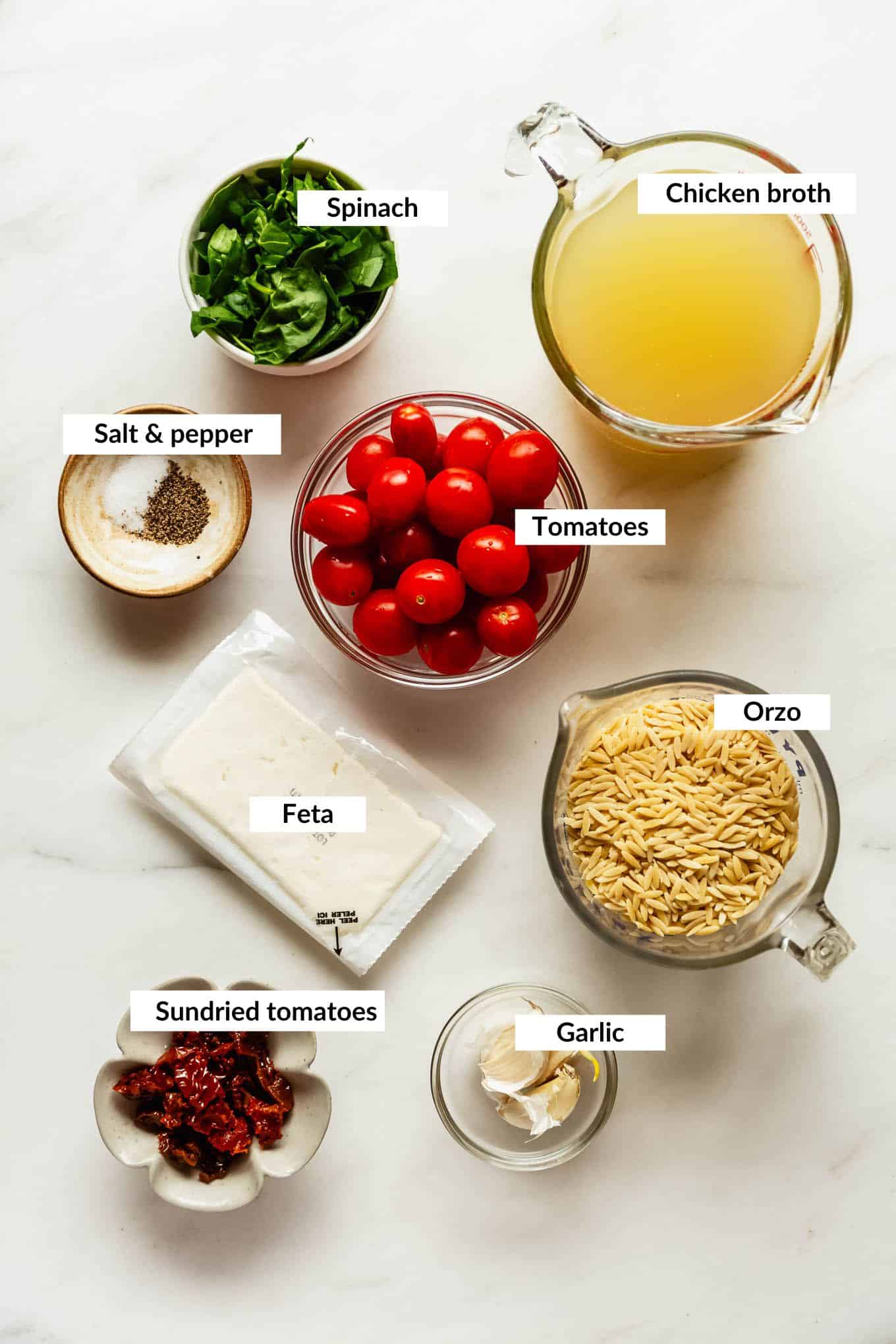 Ingredients for tomato feta orzo.