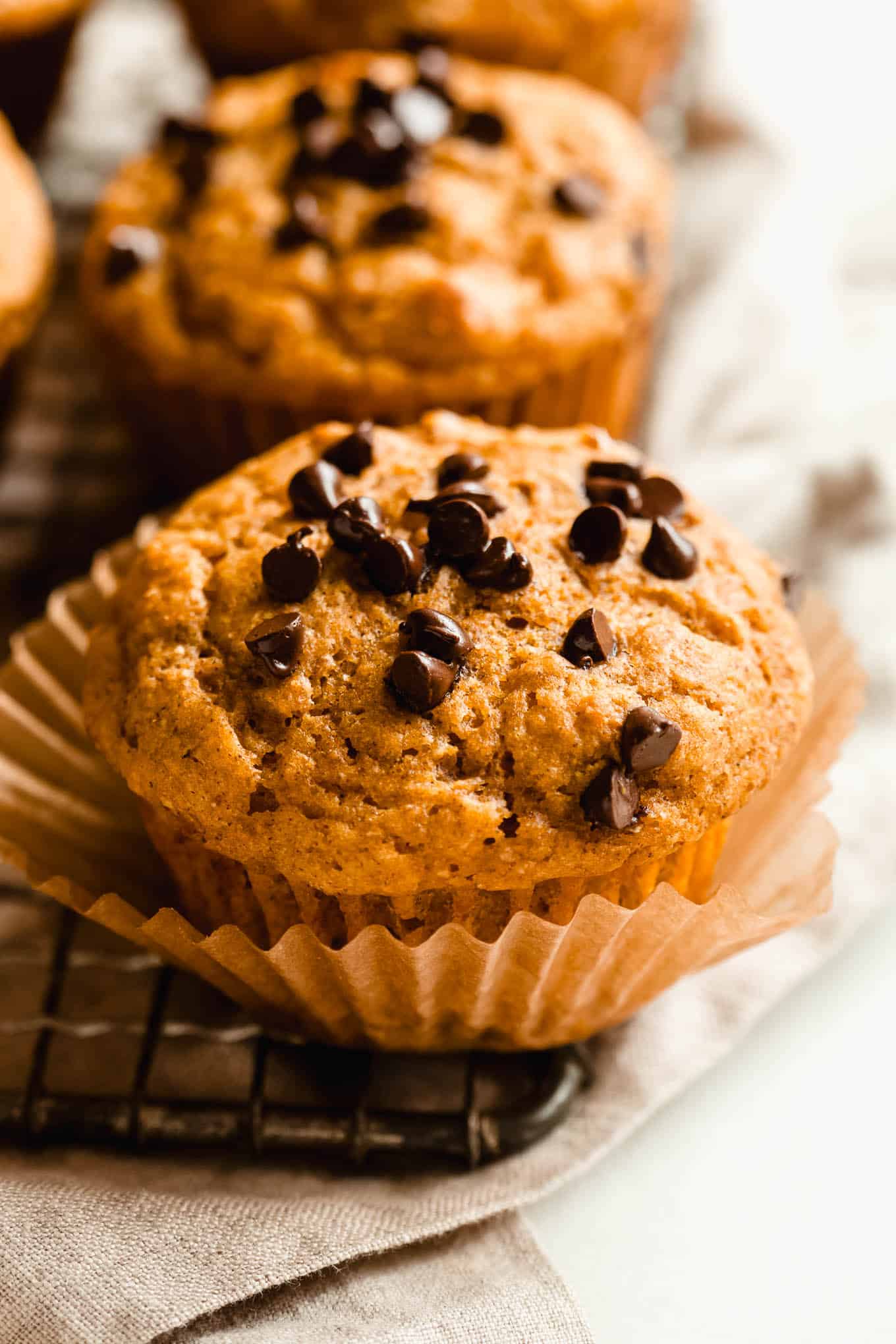 Close-up of a cottage cheese pumpkin chocolate chip muffin in a paper liner on a wire cooling rack.