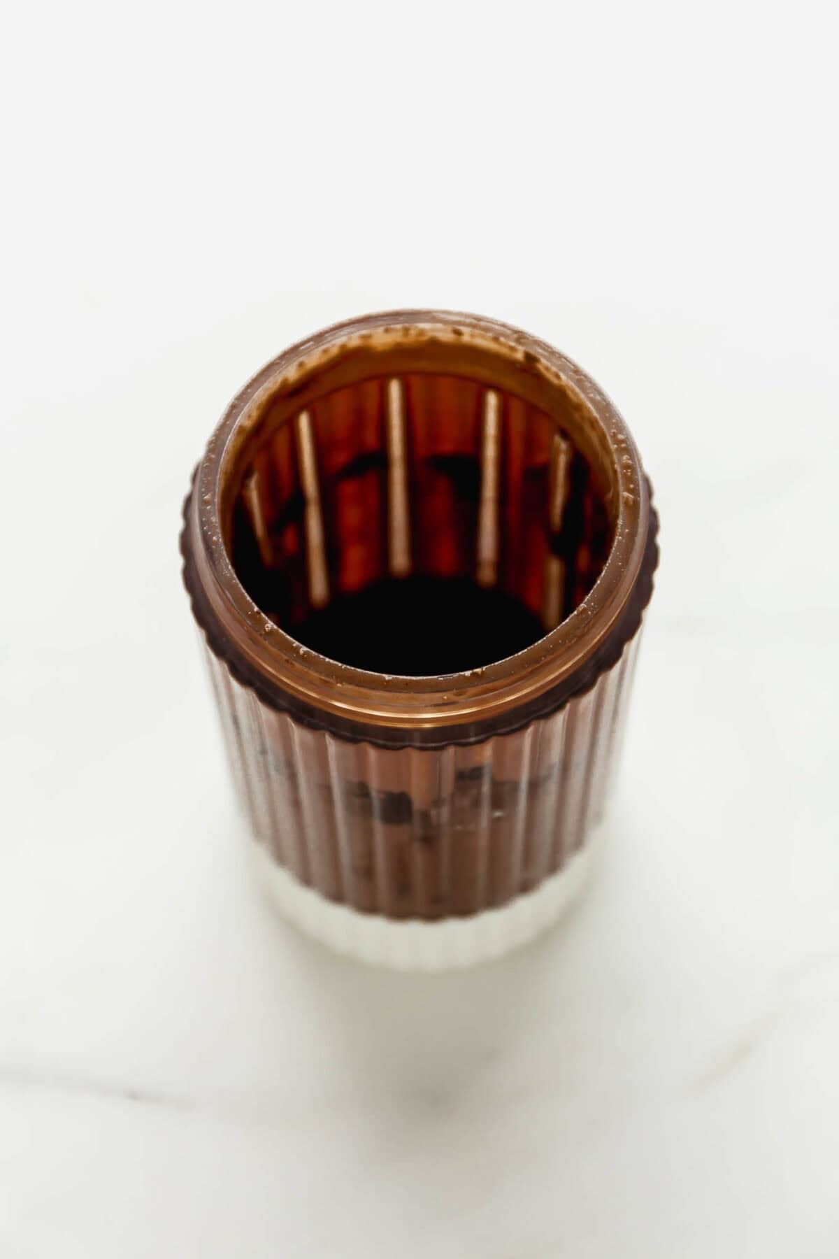 Cottage cheese chocolate lava cake batter blended smooth in a small blender cup.