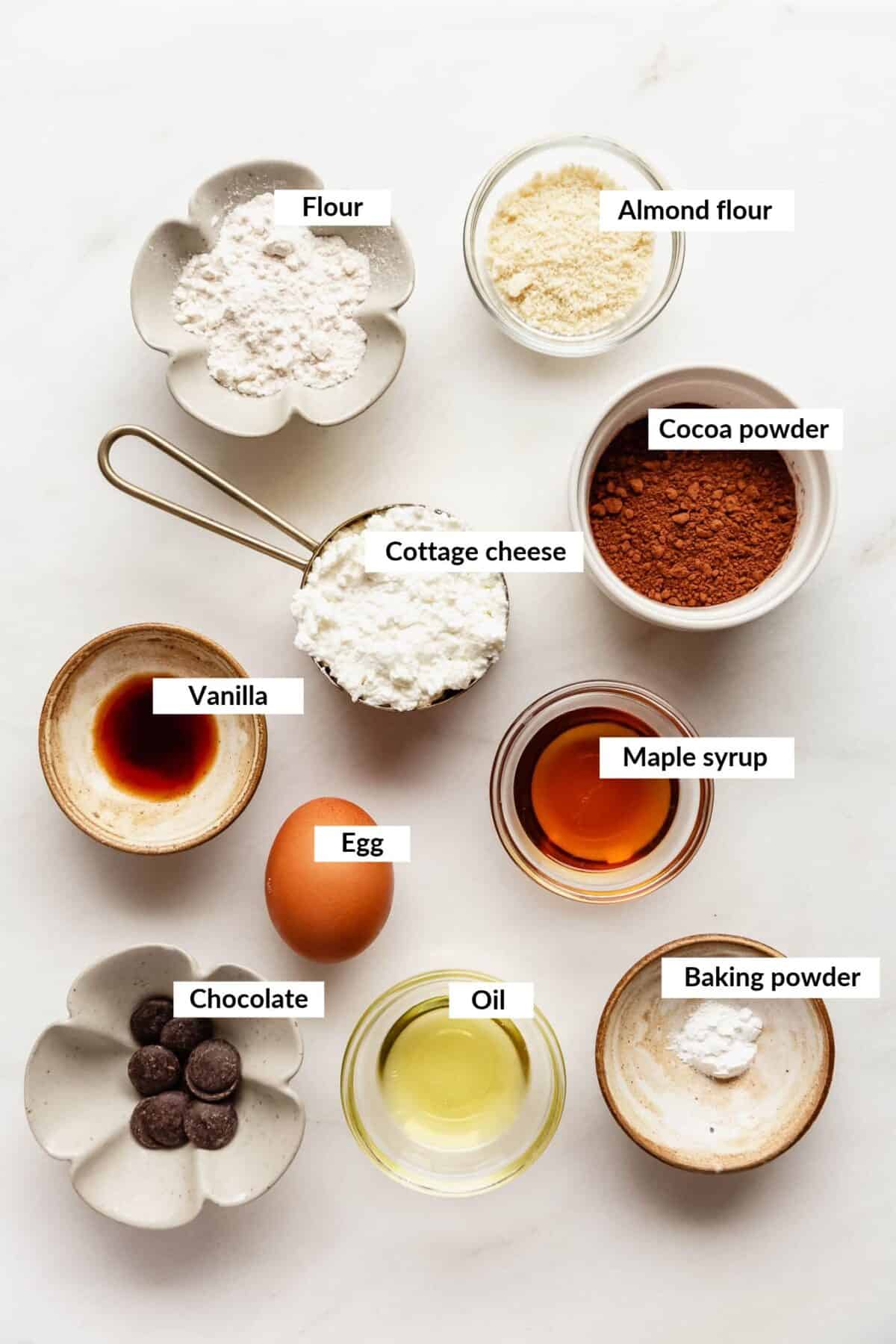 Ingredients for cottage cheese chocolate lava cake.