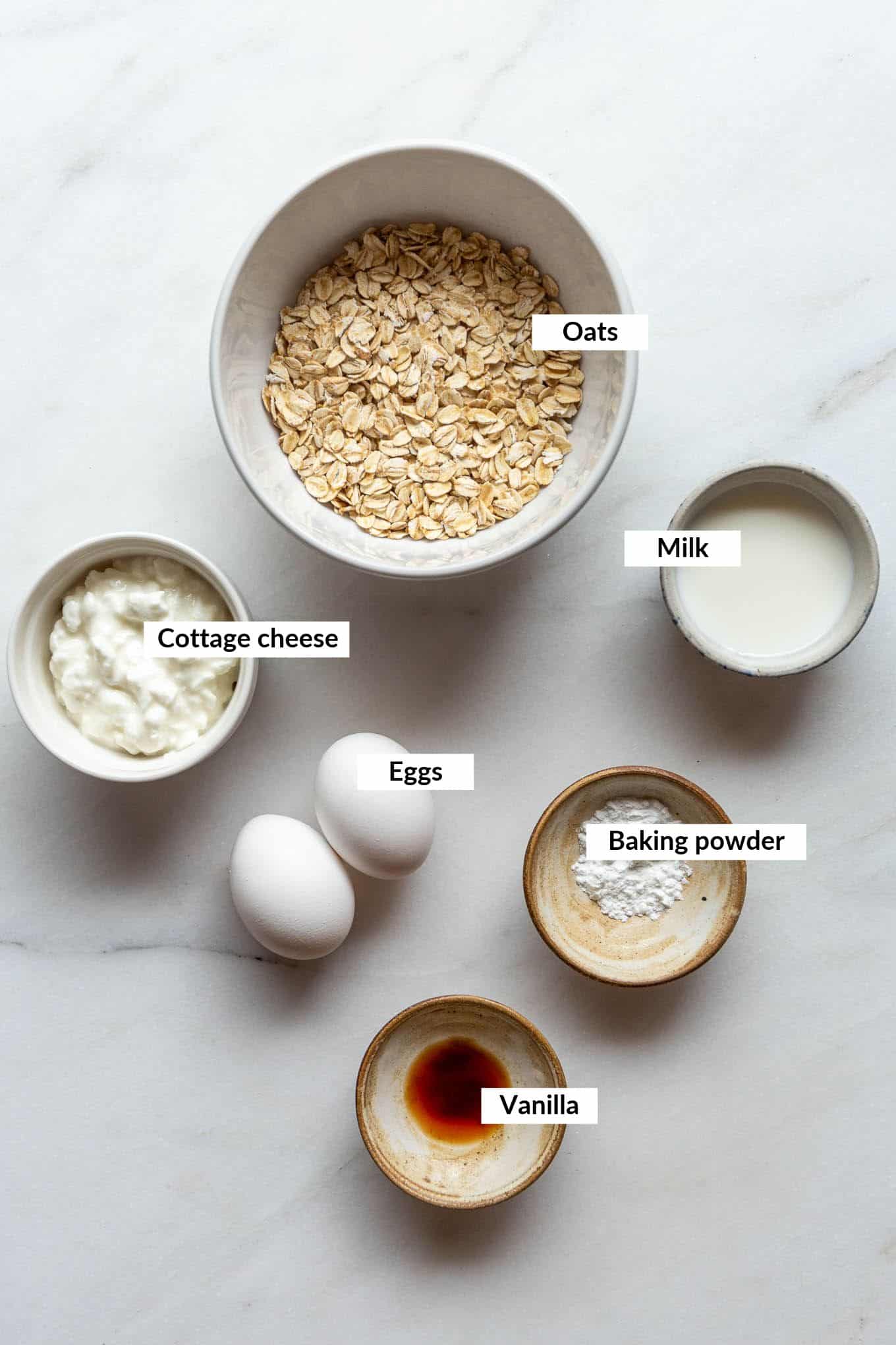 Ingredients to make Cottage Cheese Pancakes with Oat Flour.