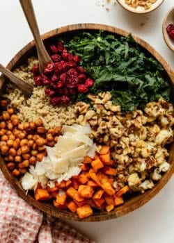 Fall harvest quinoa salad in a wooden bowl with wooden serving spoons, topped with kale, dried cranberries, quinoa, crispy chickpeas, shaved parmesan, roasted sweet potato, roasted cauliflower and walnuts.