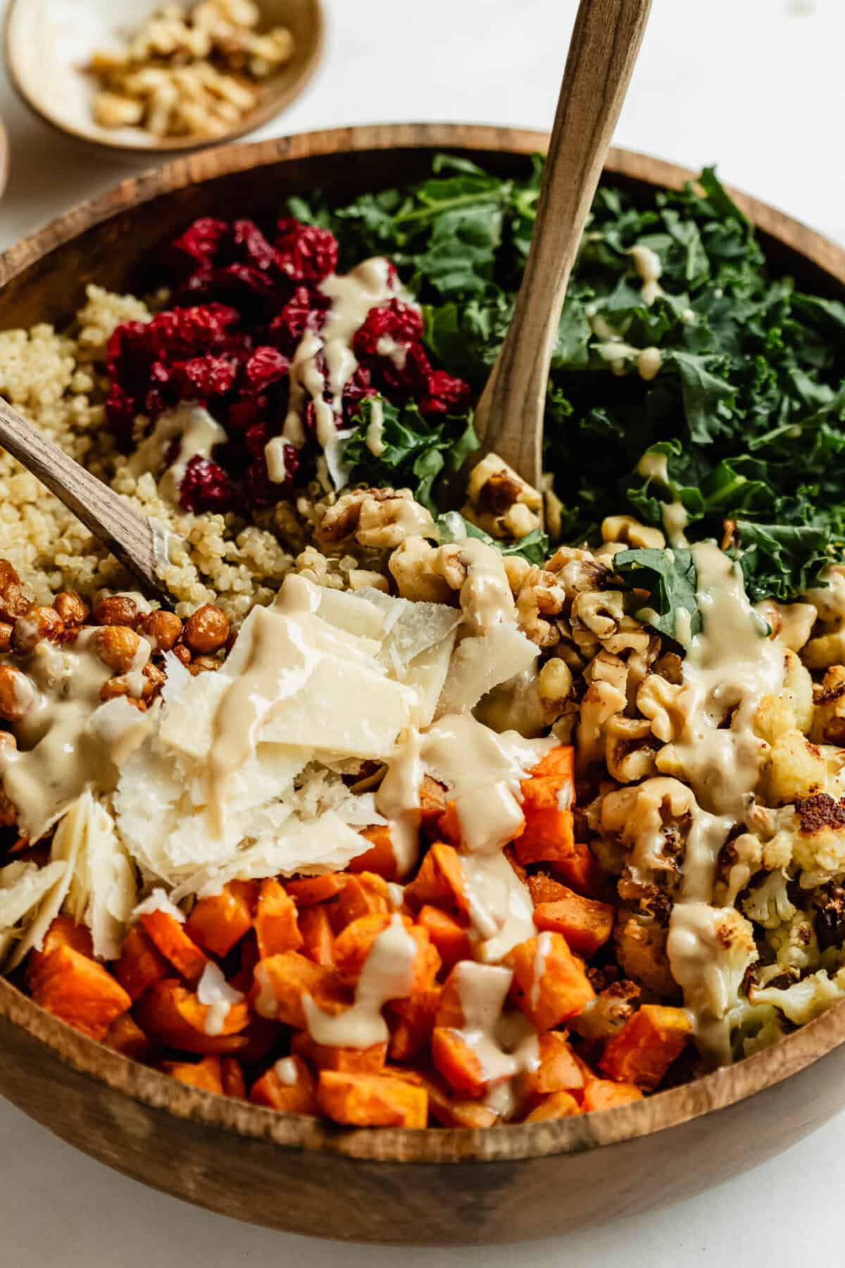 Close-up of fall harvest quinoa salad being tossed with wooden spoons, showing roasted sweet potato, shaved parmesan, walnuts, kale, cranberries and quinoa drizzled with creamy dressing.
